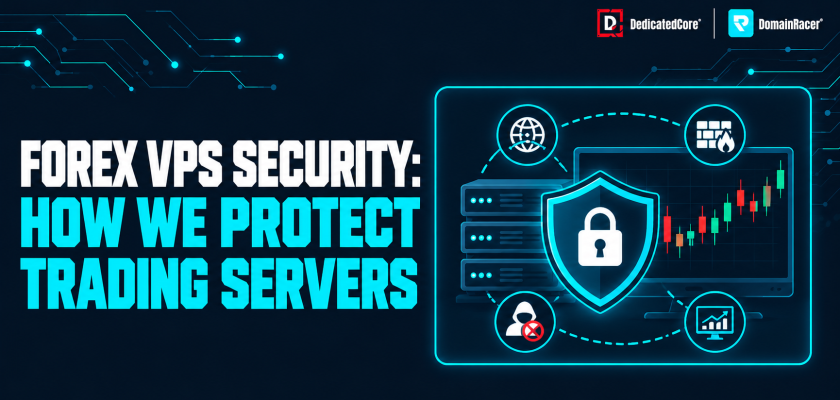 Forex VPS security infographic showing server protection, firewall security, access control, and trading platform monitoring.