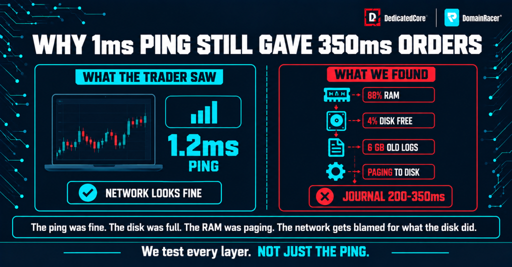 Forex VPS optimization infographic showing measured improvements in CPU usage, RAM usage, and MetaTrader Journal timing.
