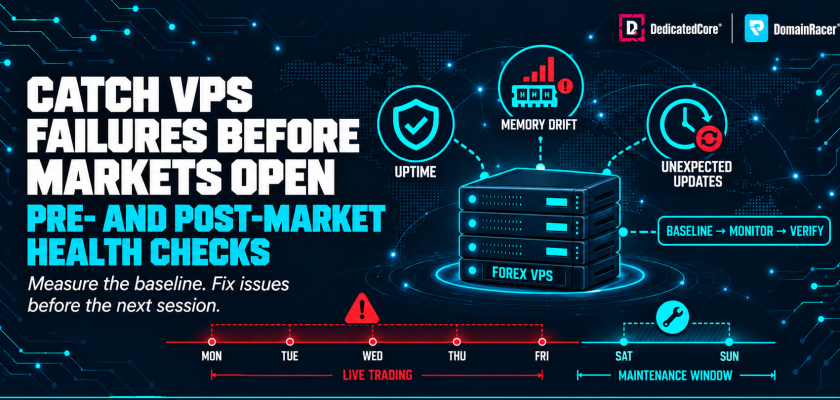 Forex VPS pre- and post-market health checklist showing uptime, memory drift, unexpected updates, and weekend maintenance.