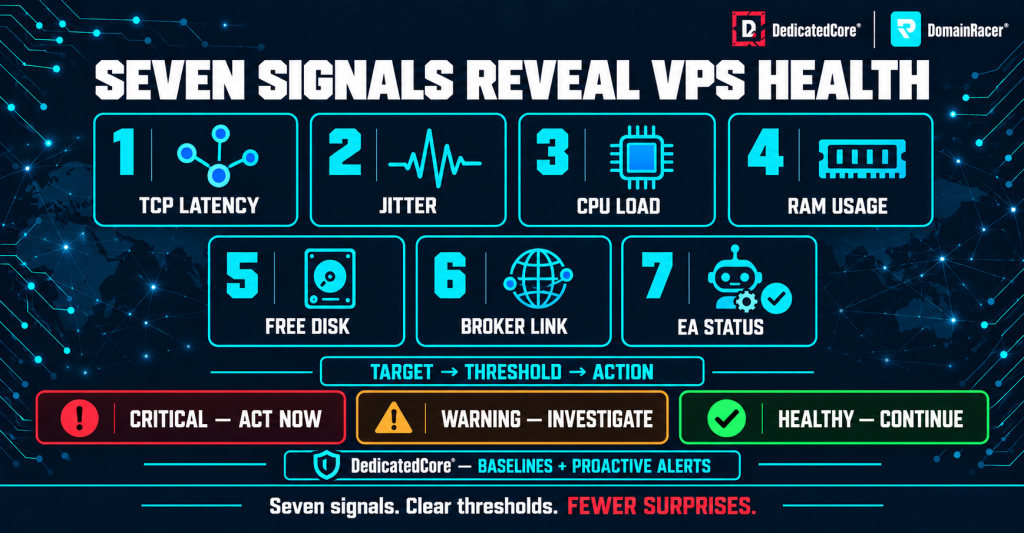 Seven Forex VPS health indicators: TCP latency, jitter, CPU load, RAM usage, free disk space, broker connectivity, and Expert Advisor status.