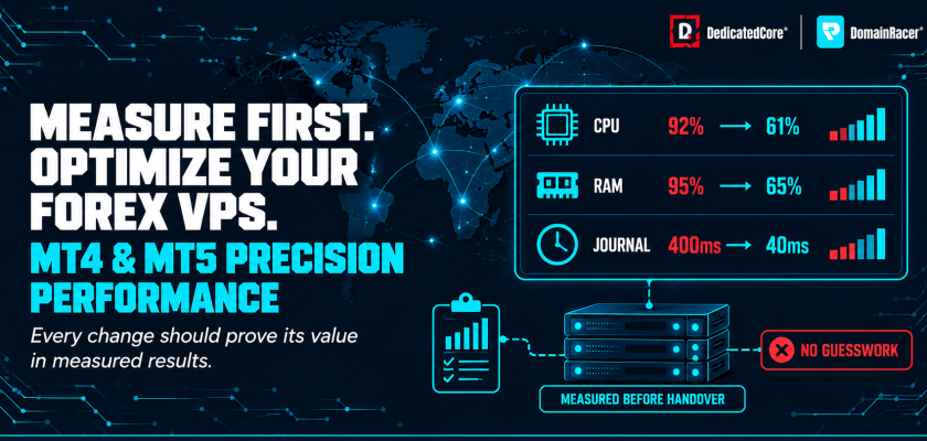 Forex VPS optimization infographic showing measured improvements in CPU usage, RAM usage, and MetaTrader Journal timing.