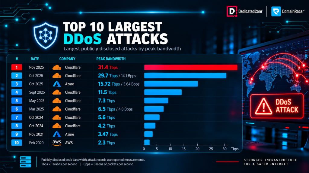 Top 10 largest DDoS attacks ranked by peak bandwidth in terabits per second