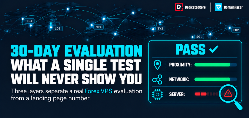 30-day Forex VPS evaluation infographic comparing data centre proximity, network performance, and server reliability.