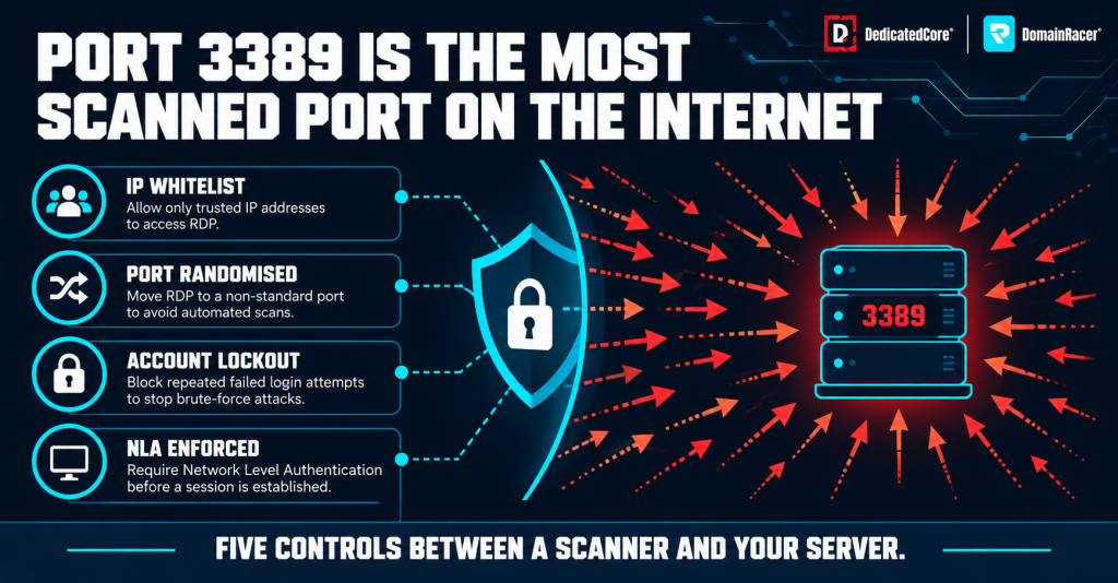 Forex VPS RDP security infographic showing IP whitelisting, port randomisation, account lockout, and Network Level Authentication to protect port 3389.