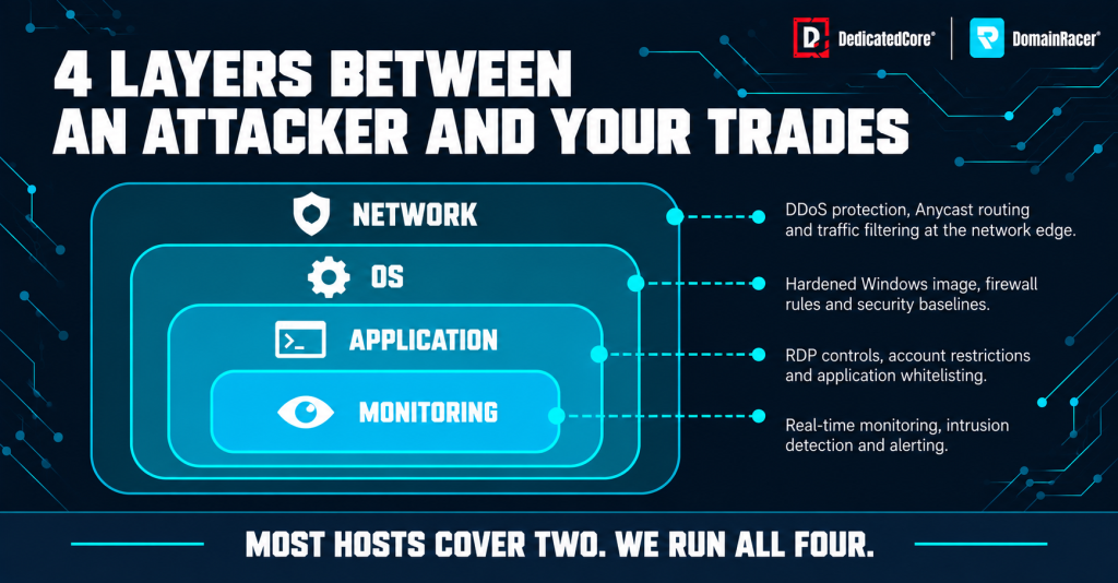 Four layers of Forex VPS security: network protection, operating system hardening, application access controls, and continuous monitoring.
