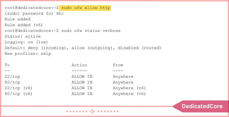 sudo ufw allow http rule incoming connections