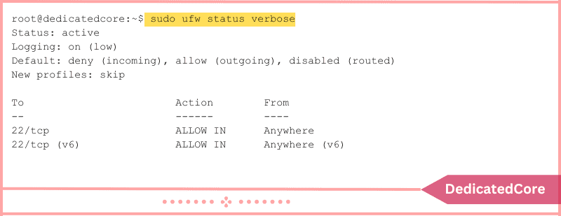 output shows status, default settings, and open ports
