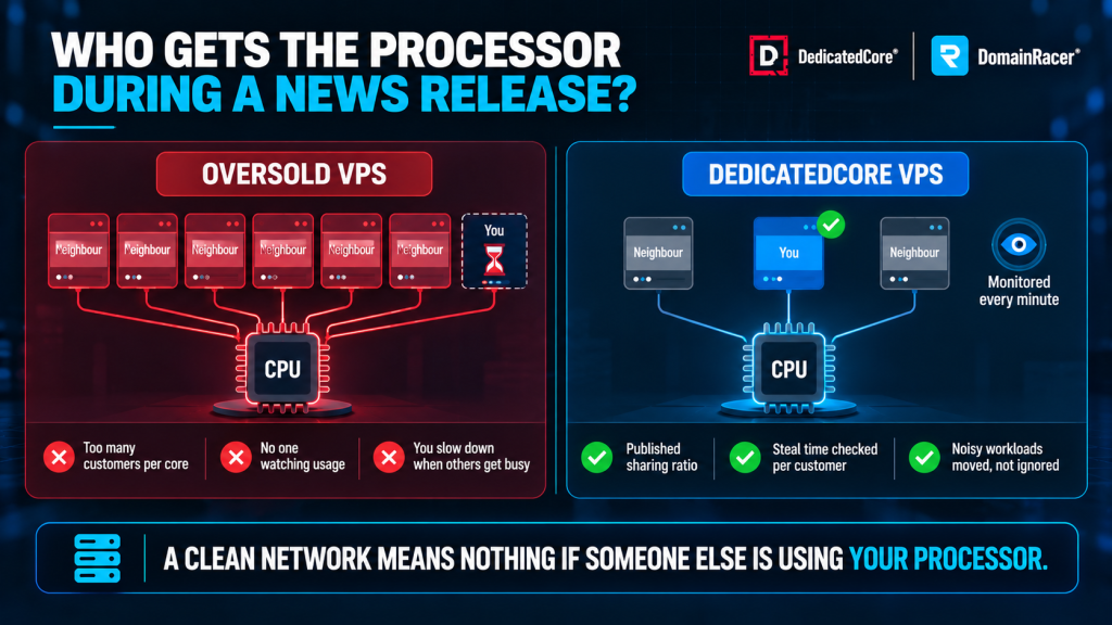 Forex VPS CPU overselling comparison showing shared processor contention versus DedicatedCore VPS CPU monitoring and resource management.