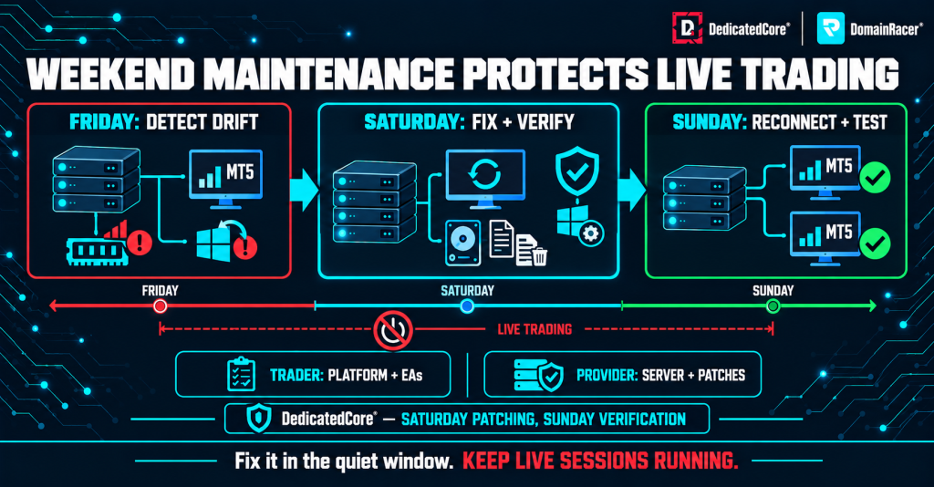 Forex VPS weekend maintenance timeline showing Friday health checks, Saturday patching, and Sunday MT4/MT5 reconnection testing.