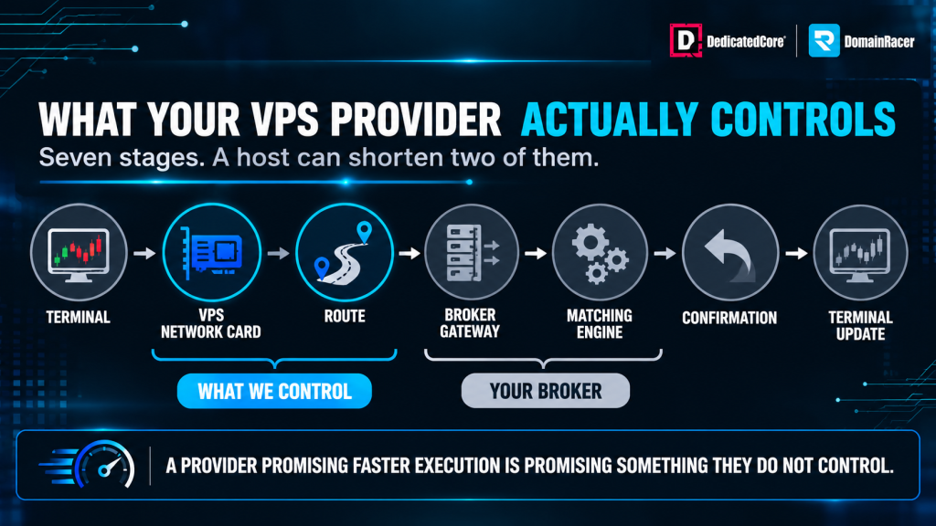 Forex VPS trade path showing seven stages and what a provider controls