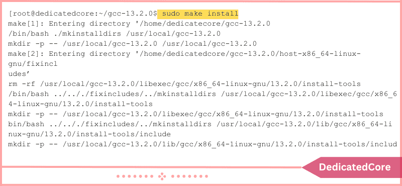 sudo make install command to install gcc