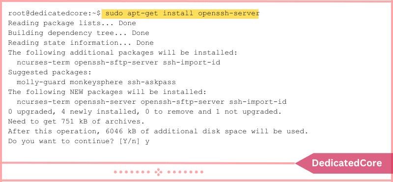 sudo apt command to install openssh-server terminal output