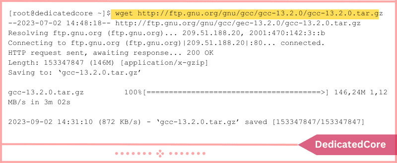 using wget command to download gcc source code